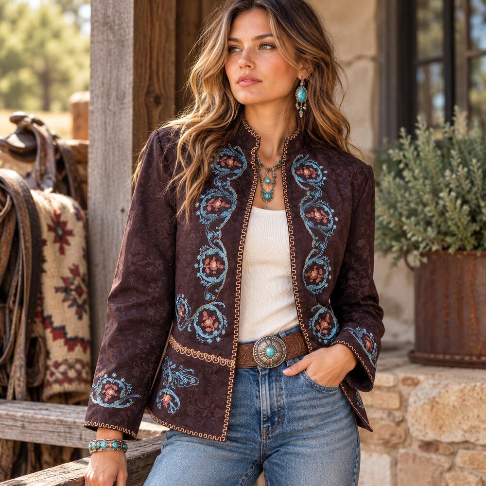 Coldwater Creek Brown Brocade Jacket M Embroidered Boho Western Floral Cotton